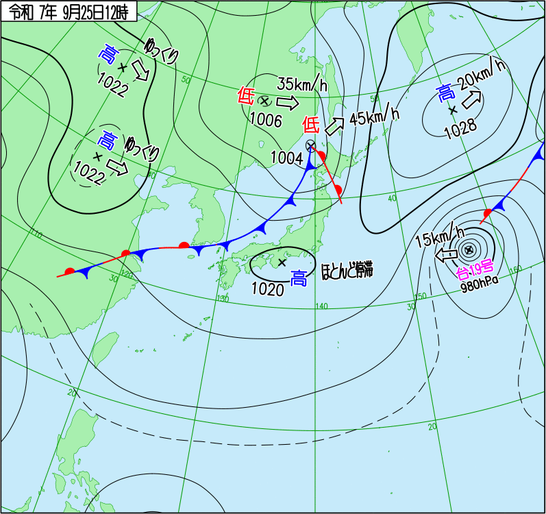 2025年9月25日の正午の天気図