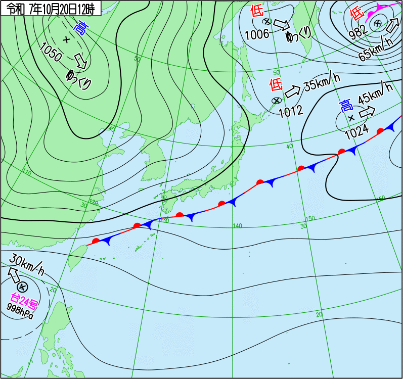 2025年10月20日の正午の天気図