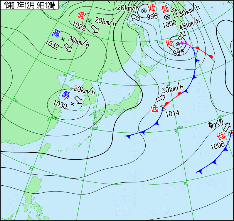 2025年12月9日の正午の天気図