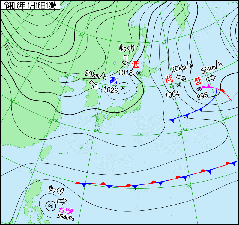 2026年1月18日の正午の天気図