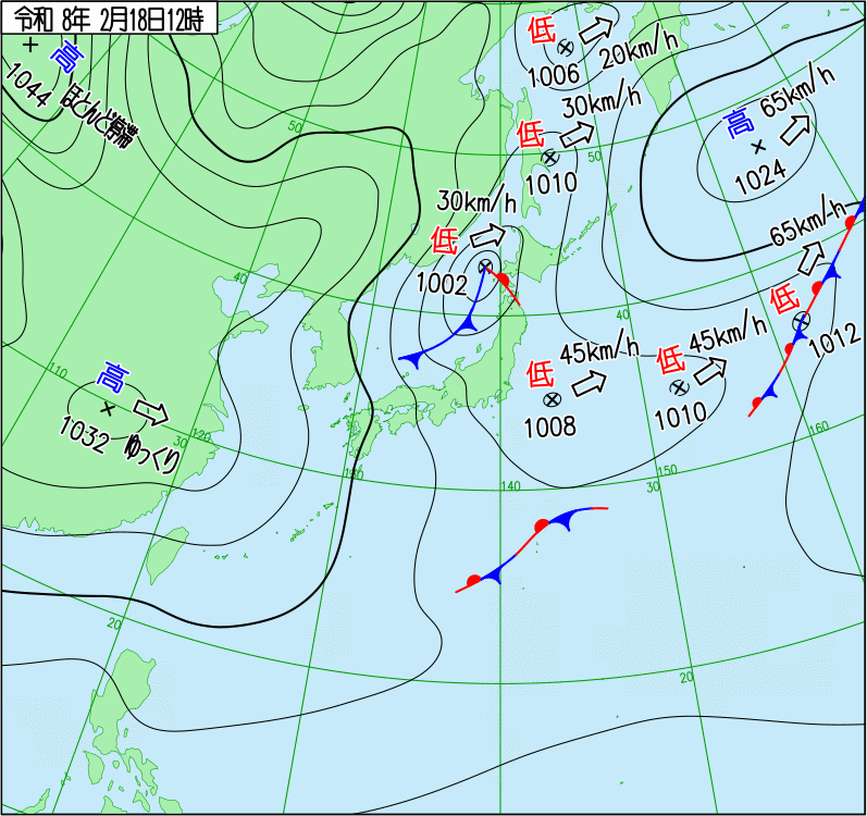 2026年2月18日の正午の天気図