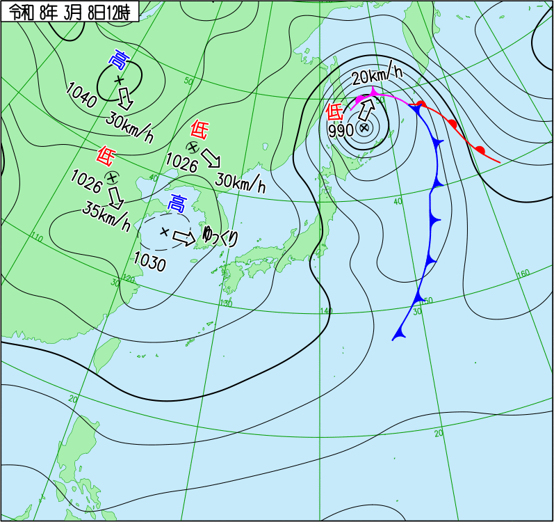 2026年3月8日の正午の天気図