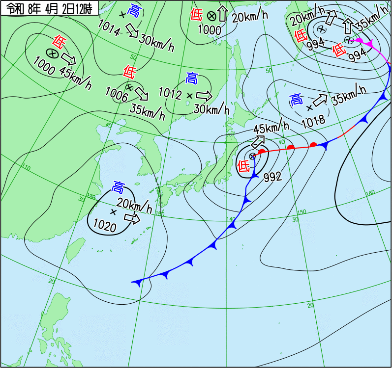 2026年4月2日の正午の天気図