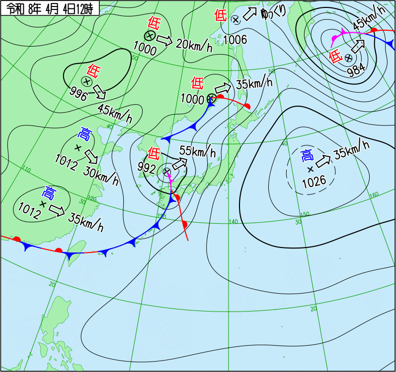 2026年4月4日の正午の天気図