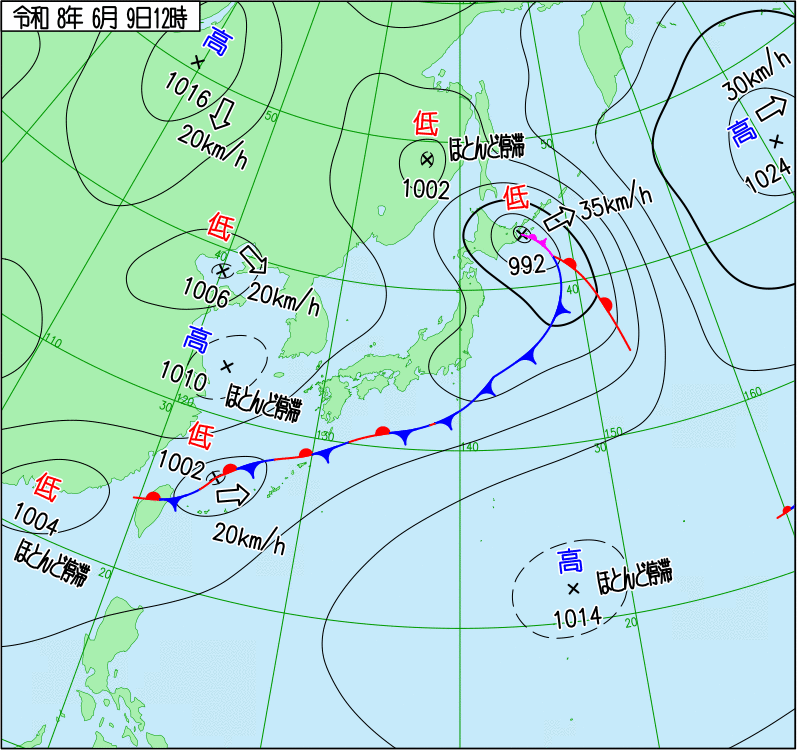 2026年6月9日の正午の天気図
