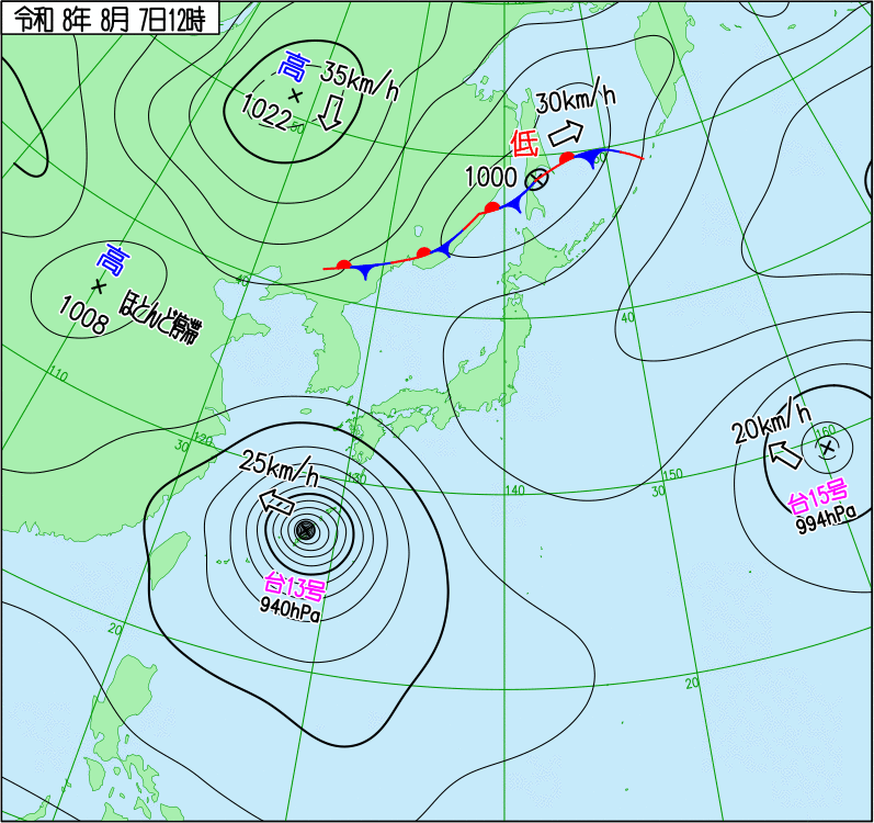 2026年8月7日の正午の天気図