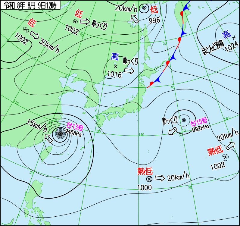 2026年8月9日の正午の天気図