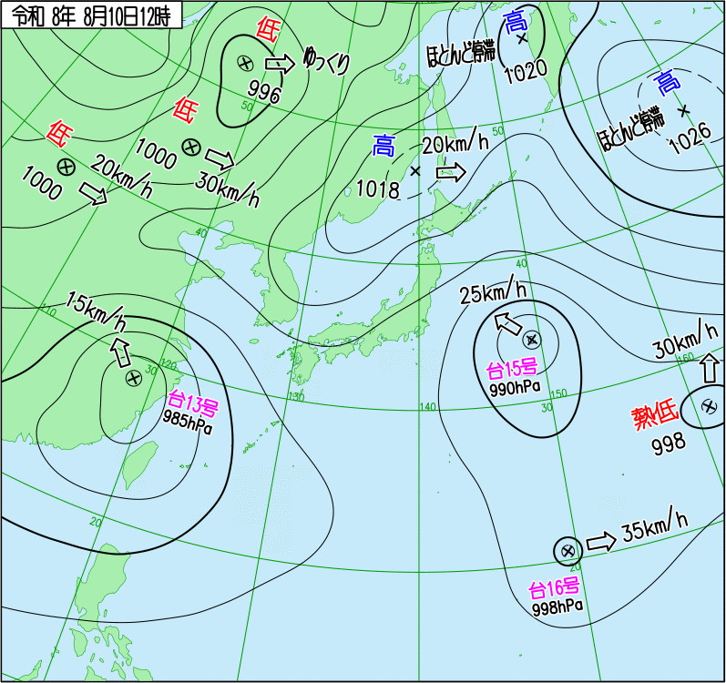 2026年8月10日の正午の天気図