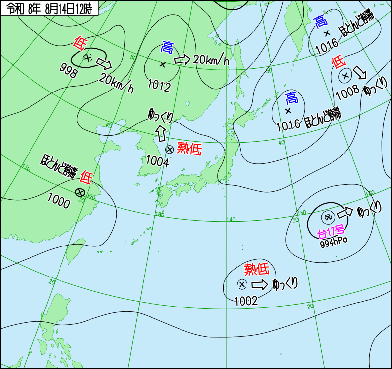 2026年8月14日の正午の天気図