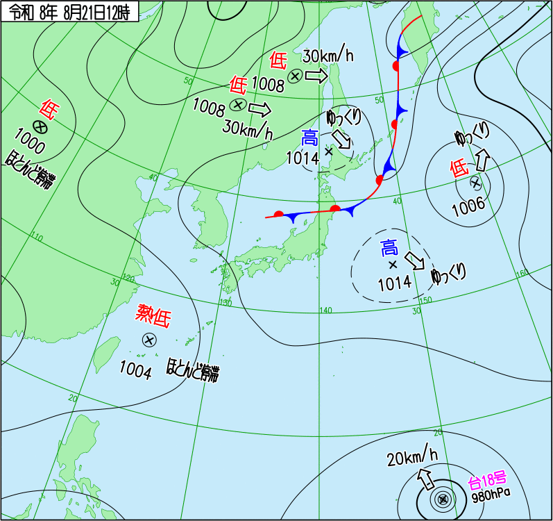 2026年8月21日の正午の天気図