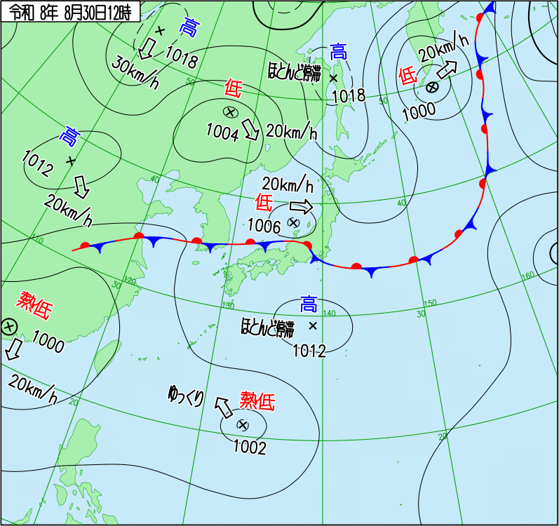 2026年8月30日の正午の天気図